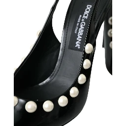 Black Leather Faux Pearl Heel Slingback Shoes