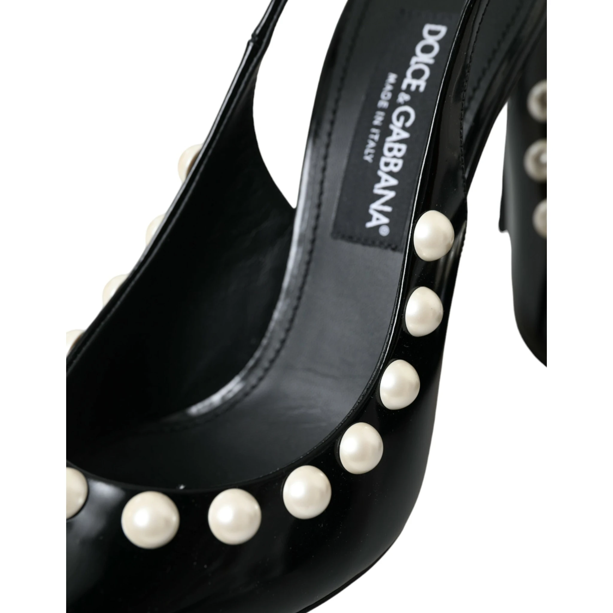 Black Leather Faux Pearl Heel Slingback Shoes