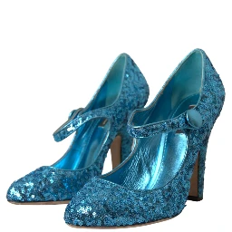 Blue Sequin Mary Jane Pumps High Heels Shoes