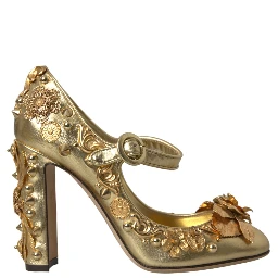 Gold Leather Crystal Mary Janes Pumps Shoes