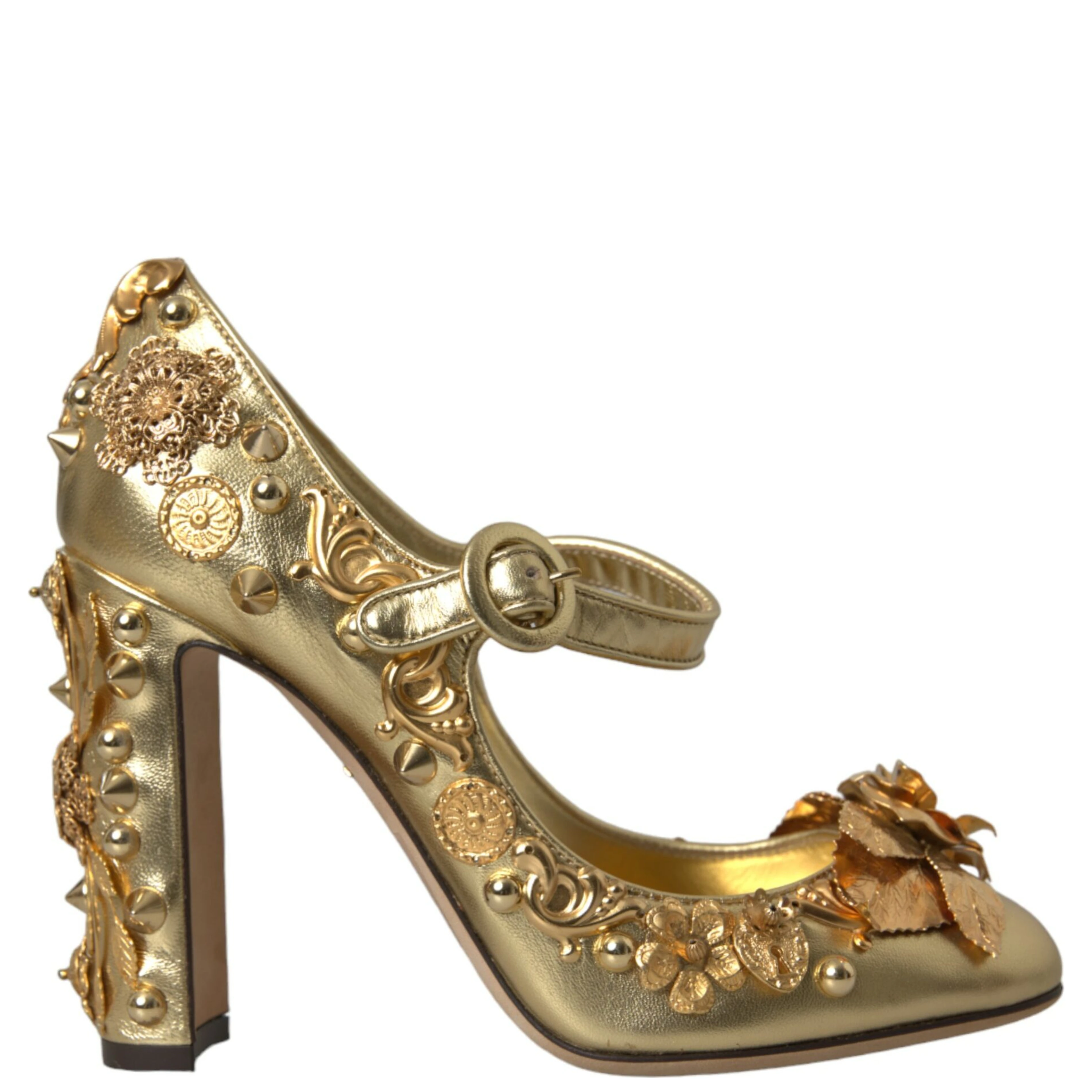 Gold Leather Crystal Mary Janes Pumps Shoes