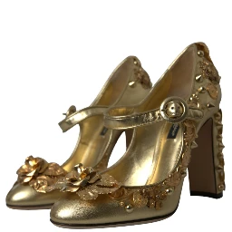 Gold Leather Crystal Mary Janes Pumps Shoes