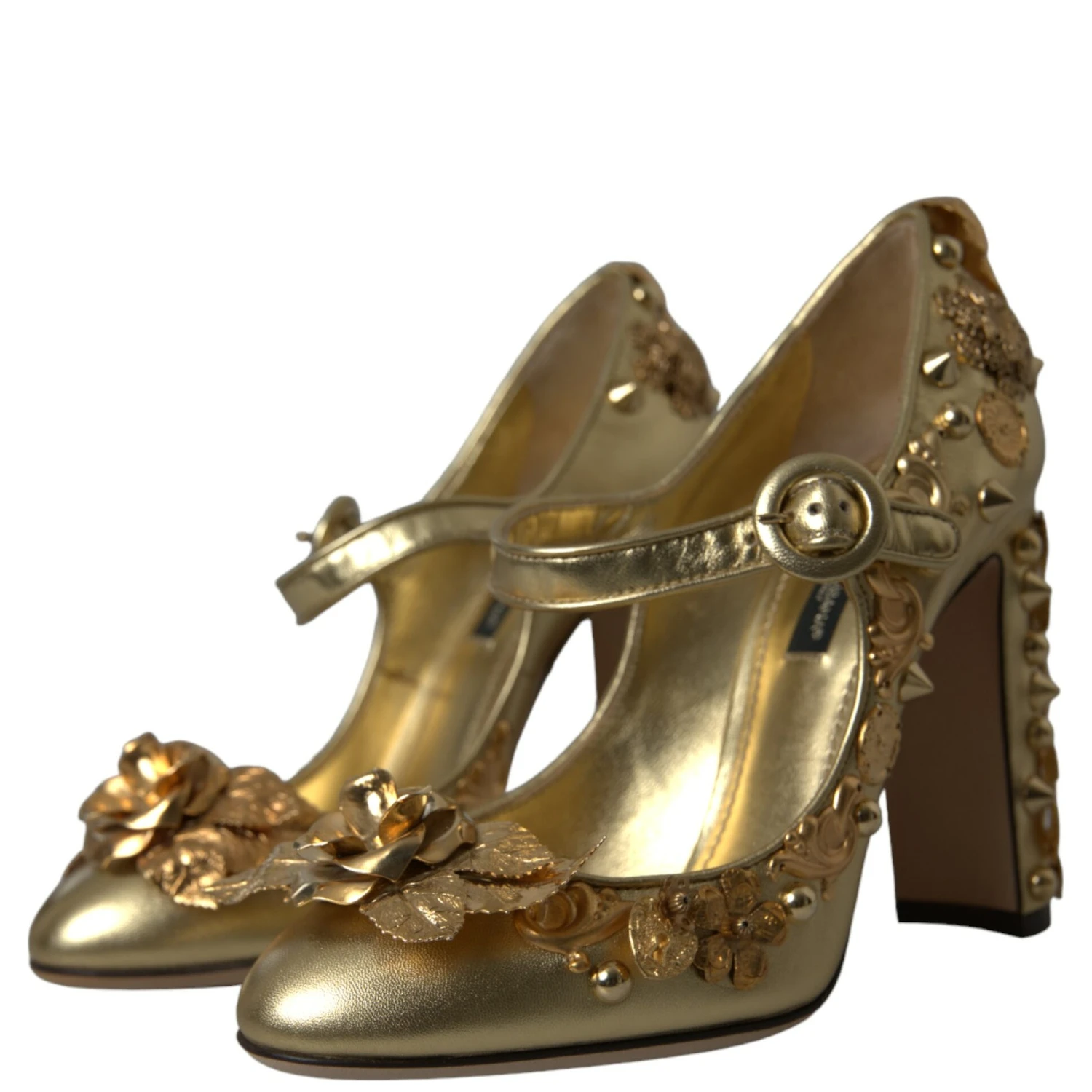 Gold Leather Crystal Mary Janes Pumps Shoes
