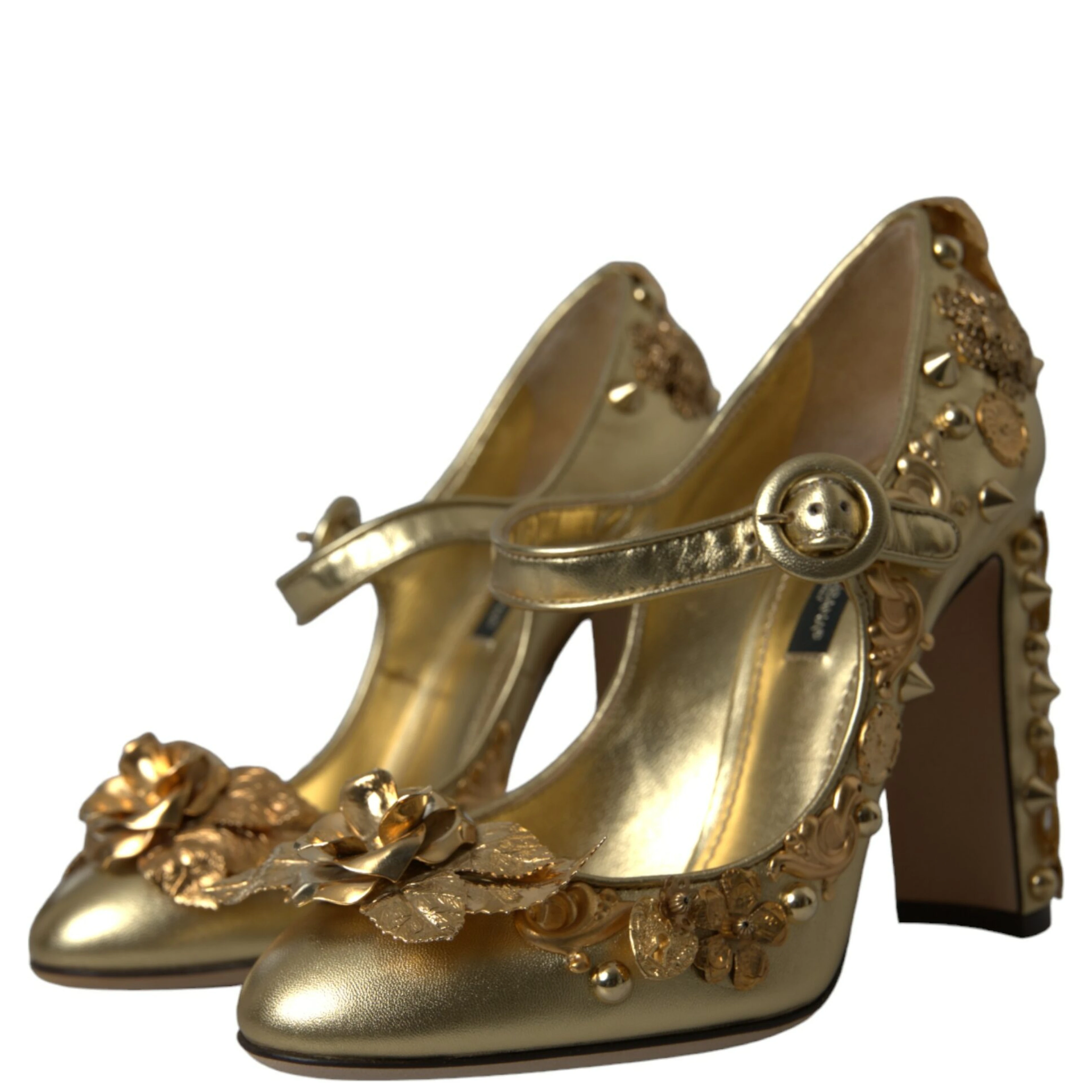 Gold Leather Crystal Mary Janes Pumps Shoes