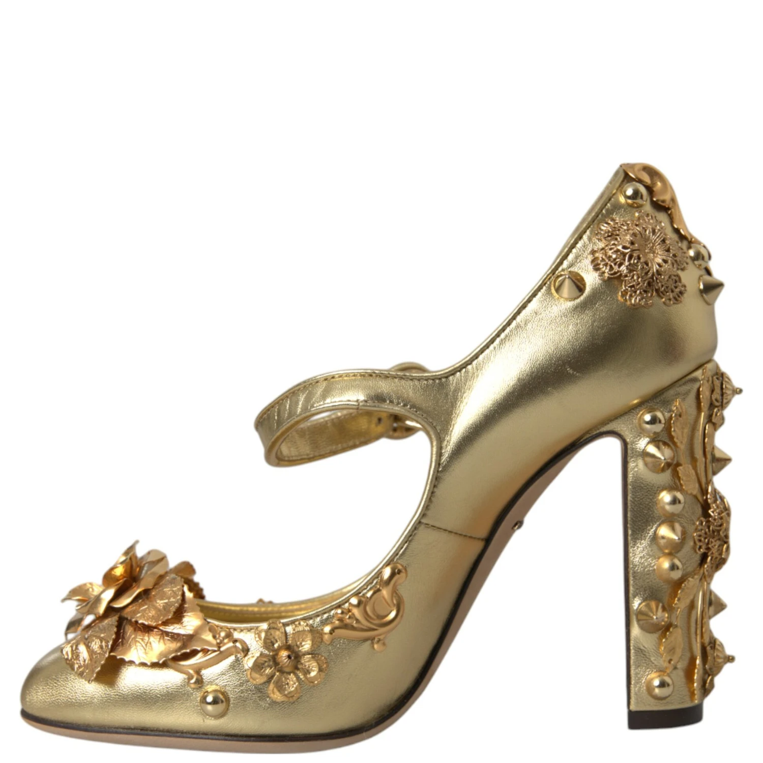 Gold Leather Crystal Mary Janes Pumps Shoes