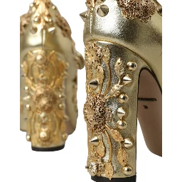 Gold Leather Crystal Mary Janes Pumps Shoes