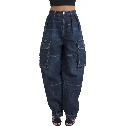 Blue High Waist Cotton Cargo Baggy Denim Jeans