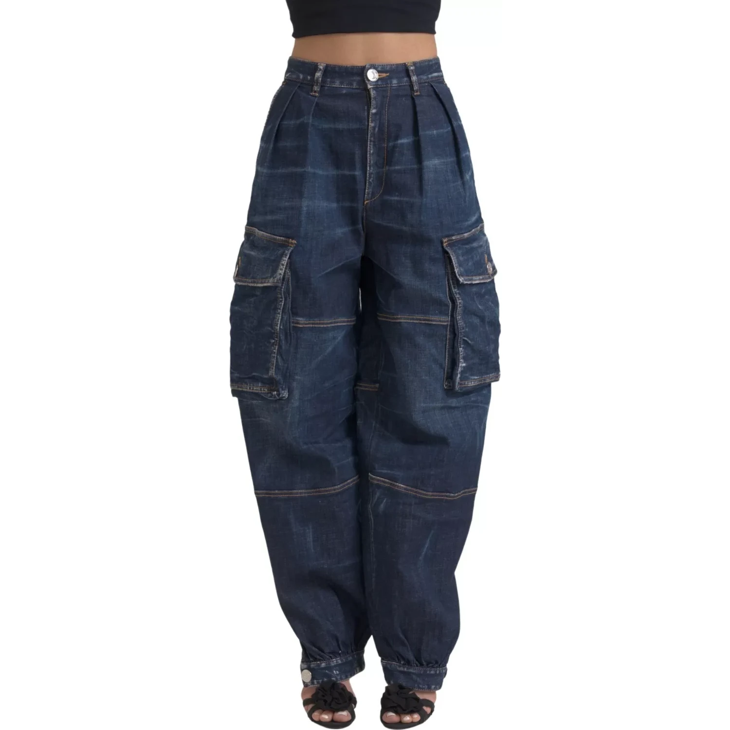 Blue High Waist Cotton Cargo Baggy Denim Jeans
