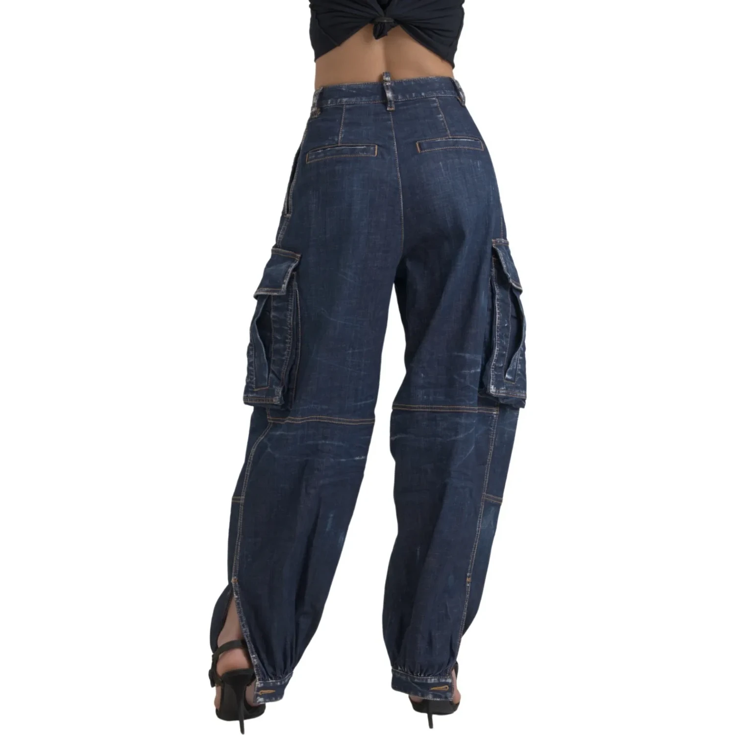 Blue High Waist Cotton Cargo Baggy Denim Jeans