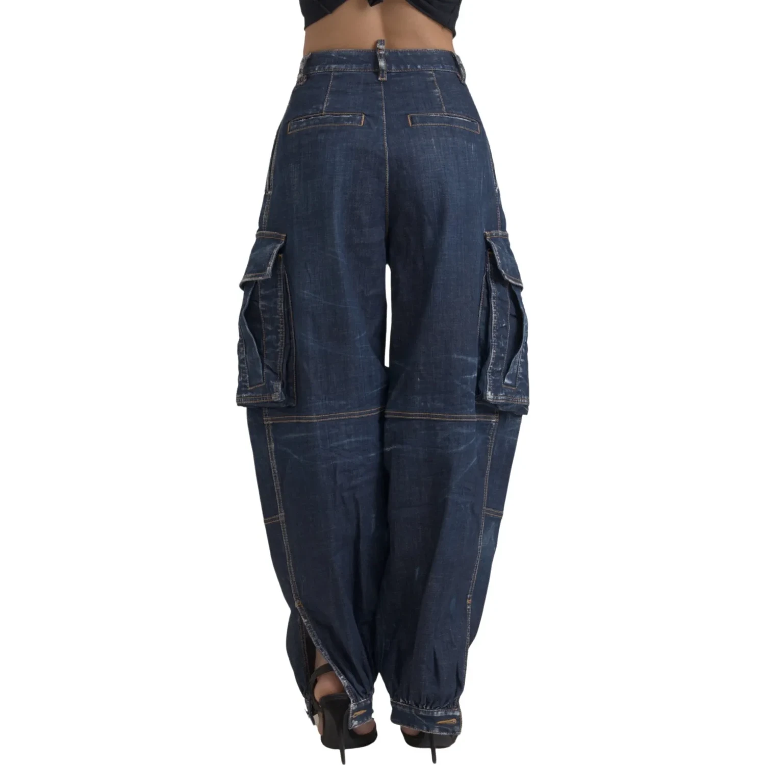 Blue High Waist Cotton Cargo Baggy Denim Jeans