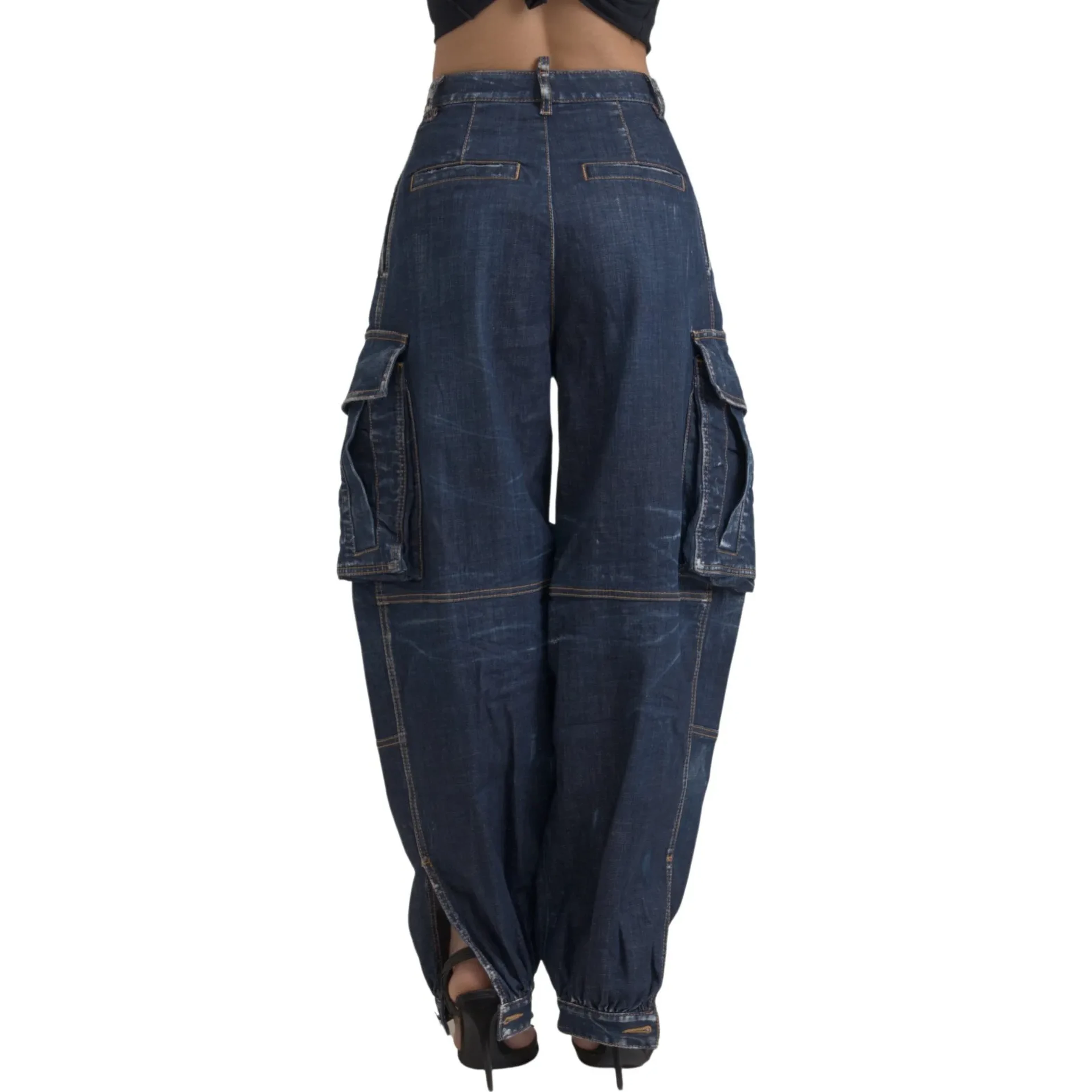 Blue High Waist Cotton Cargo Baggy Denim Jeans