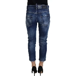 Blue Cotton Mid Waist Cropped Denim Jeans Cool Girl
