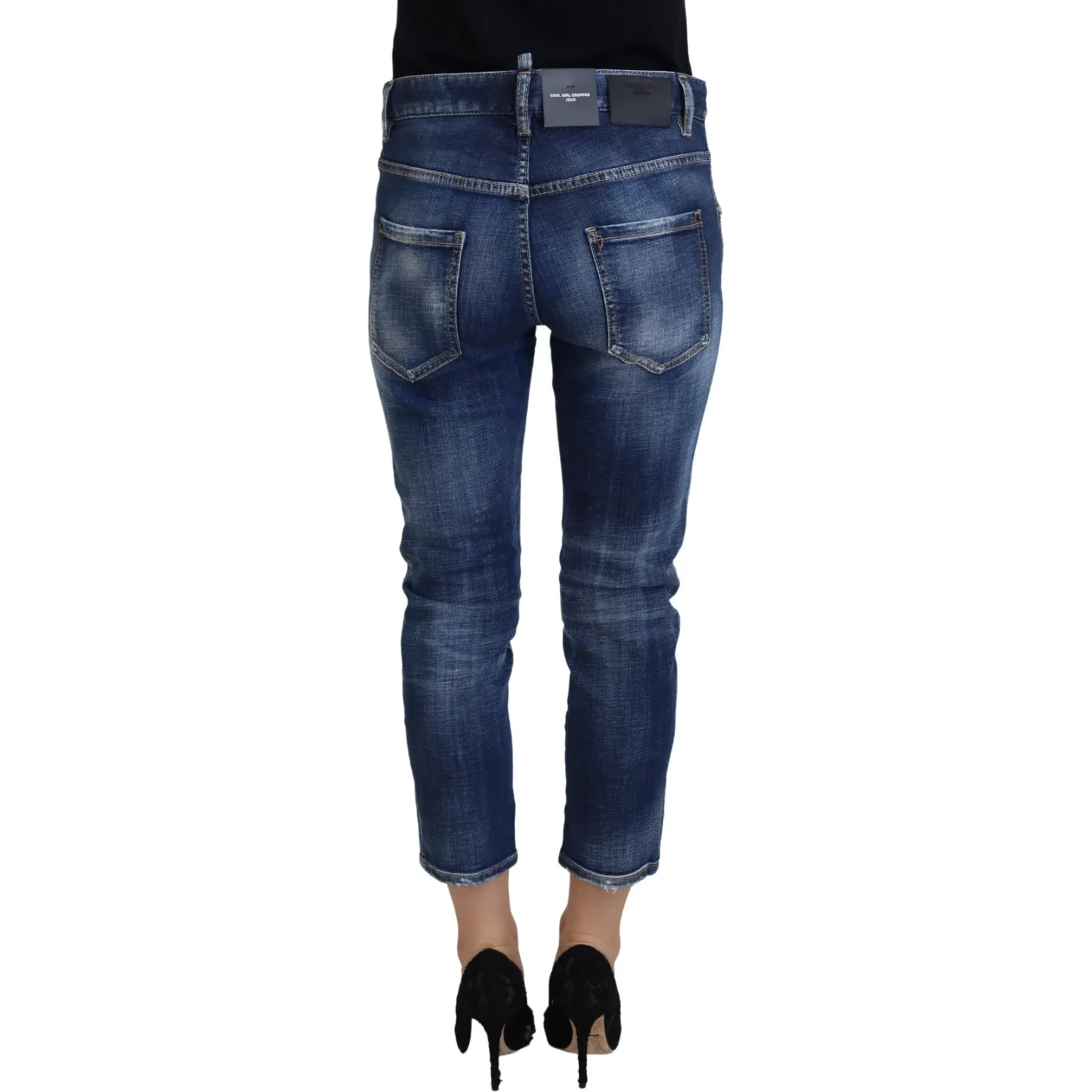 Blue Cotton Mid Waist Cropped Denim Jeans Cool Girl