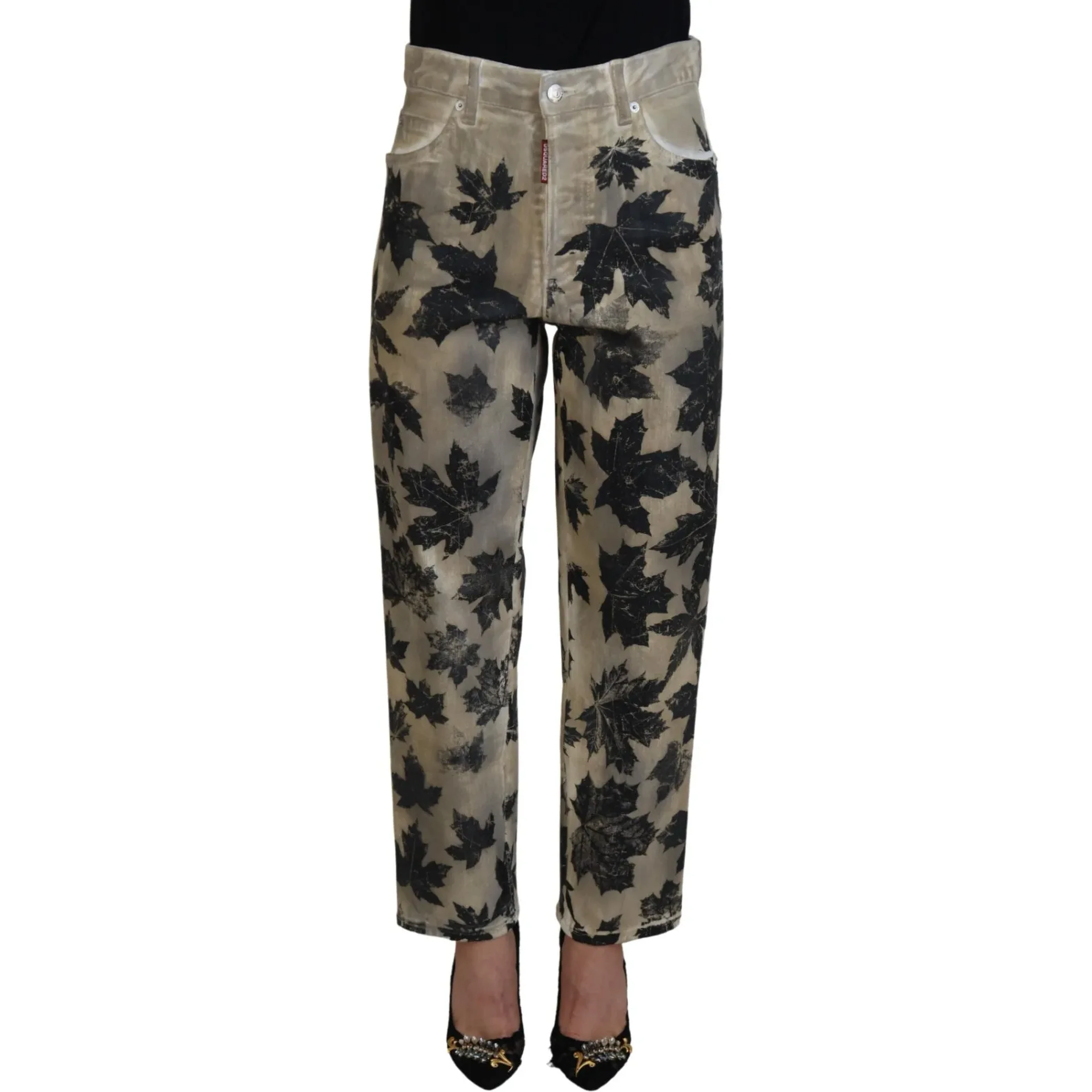 Beige Leaves Cotton High Waist Denim Jeans Boston