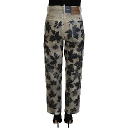 Beige Leaves Cotton High Waist Denim Jeans Boston