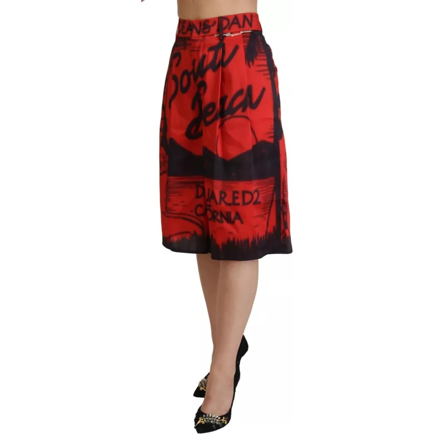 Red Printed High Waist Wide Leg Cropped Pants