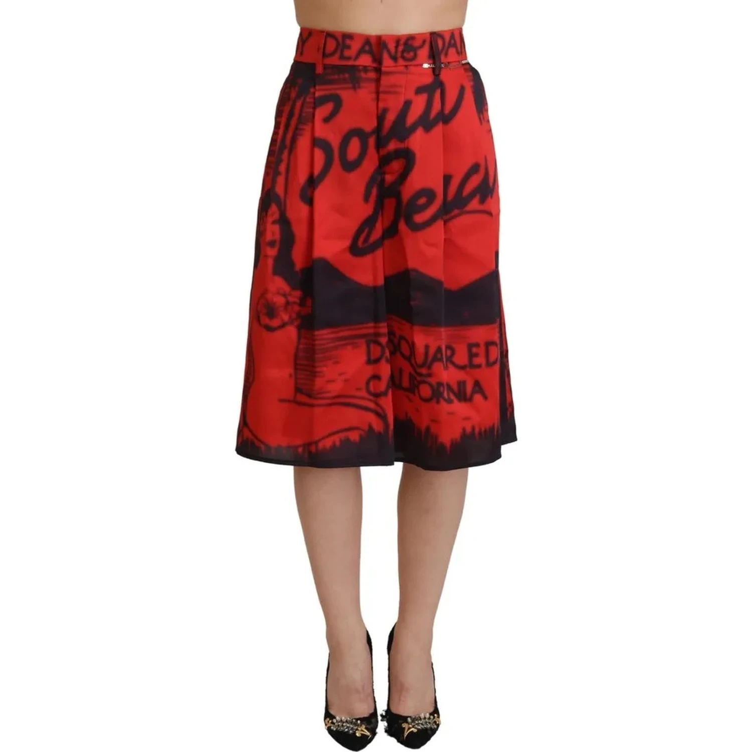 Red Printed High Waist Wide Leg Cropped Pants