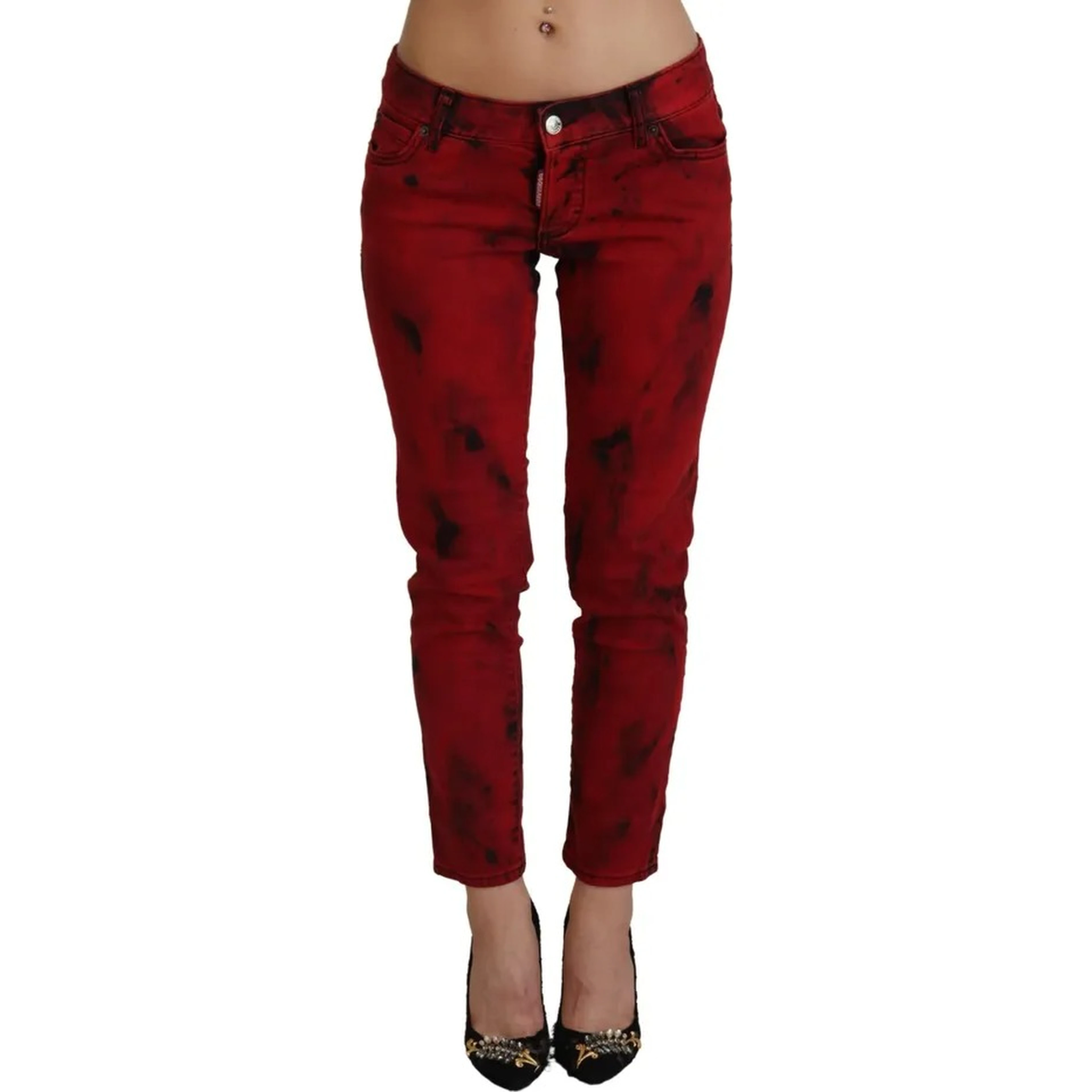 Red Low Waist Cotton Stretch Skinny Pants