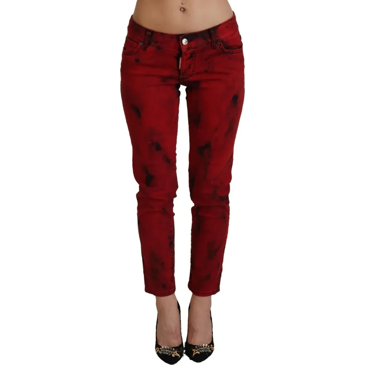 Red Low Waist Cotton Stretch Skinny Pants