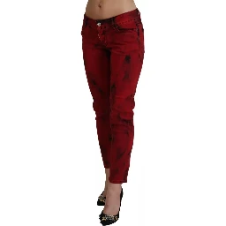Red Low Waist Cotton Stretch Skinny Pants