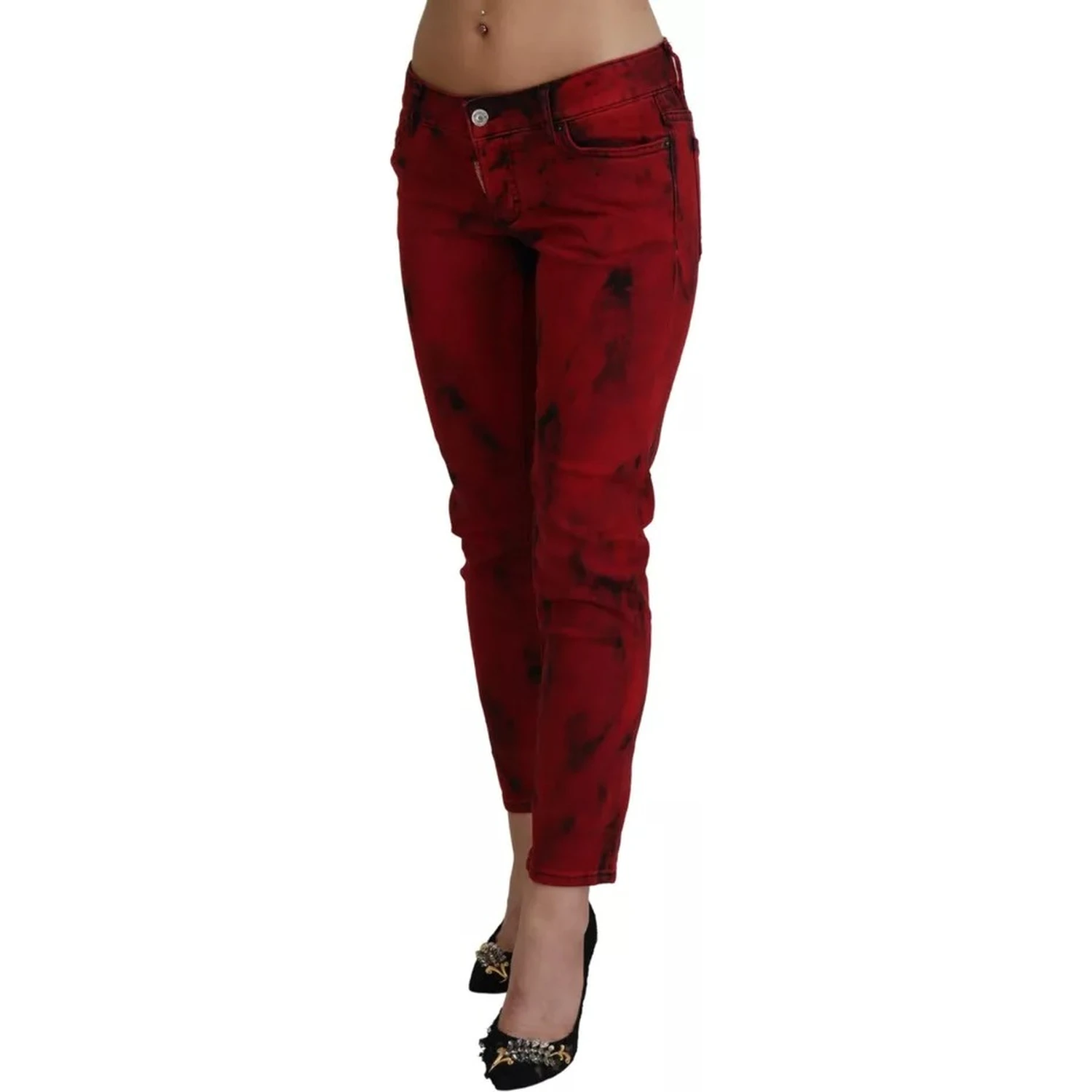 Red Low Waist Cotton Stretch Skinny Pants