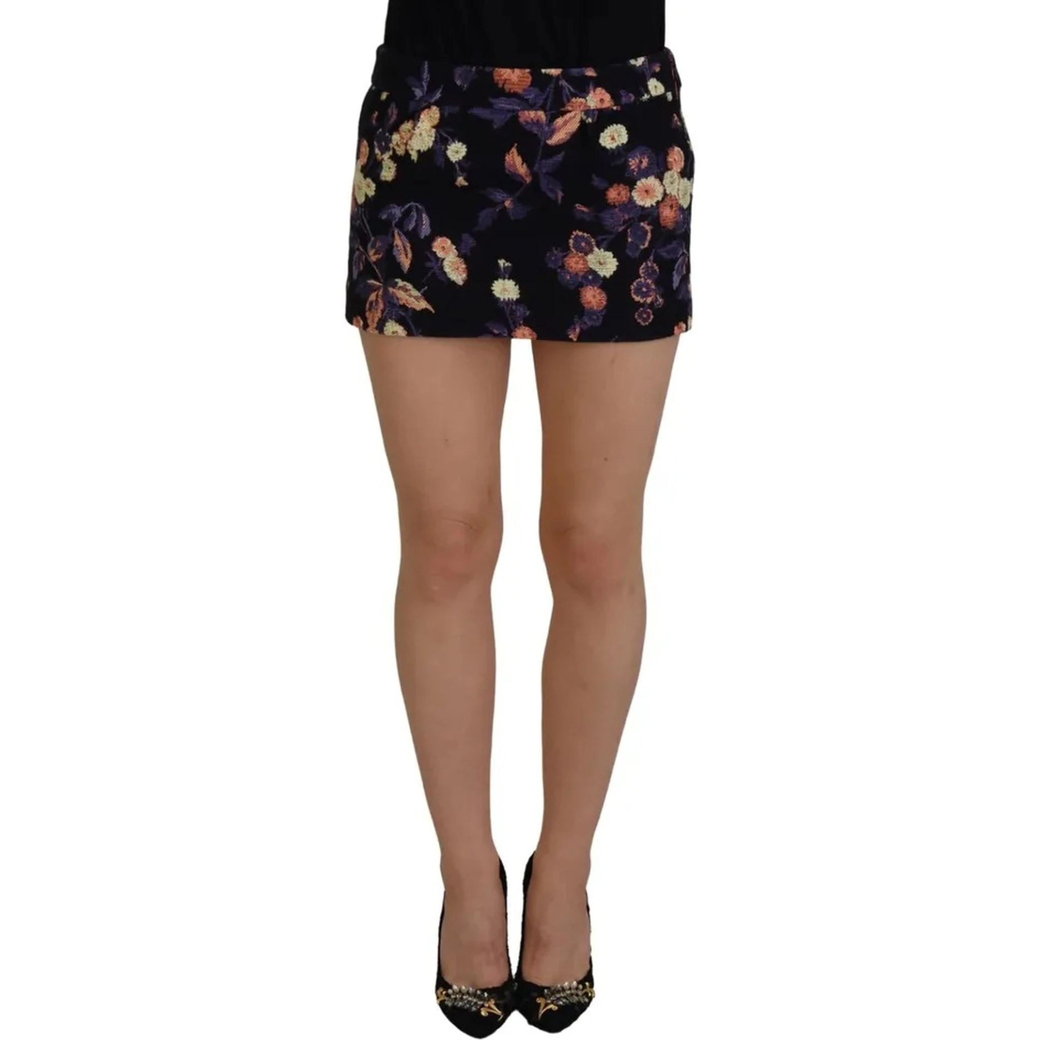 Black Floral Embroidery Mid Waist A-line Mini Skirt