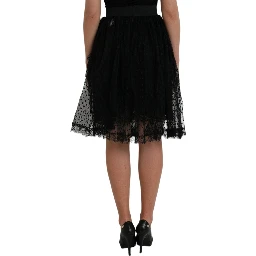 Black Nylon Lace Trim High Waist A-line Skirt