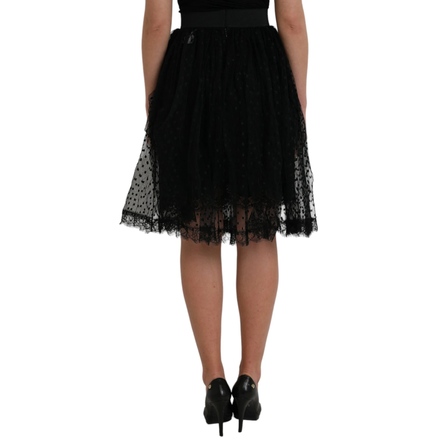 Black Nylon Lace Trim High Waist A-line Skirt