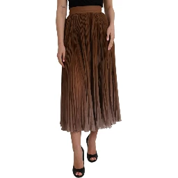 Brown Polyester Pleated High Waist Midi Skirt
