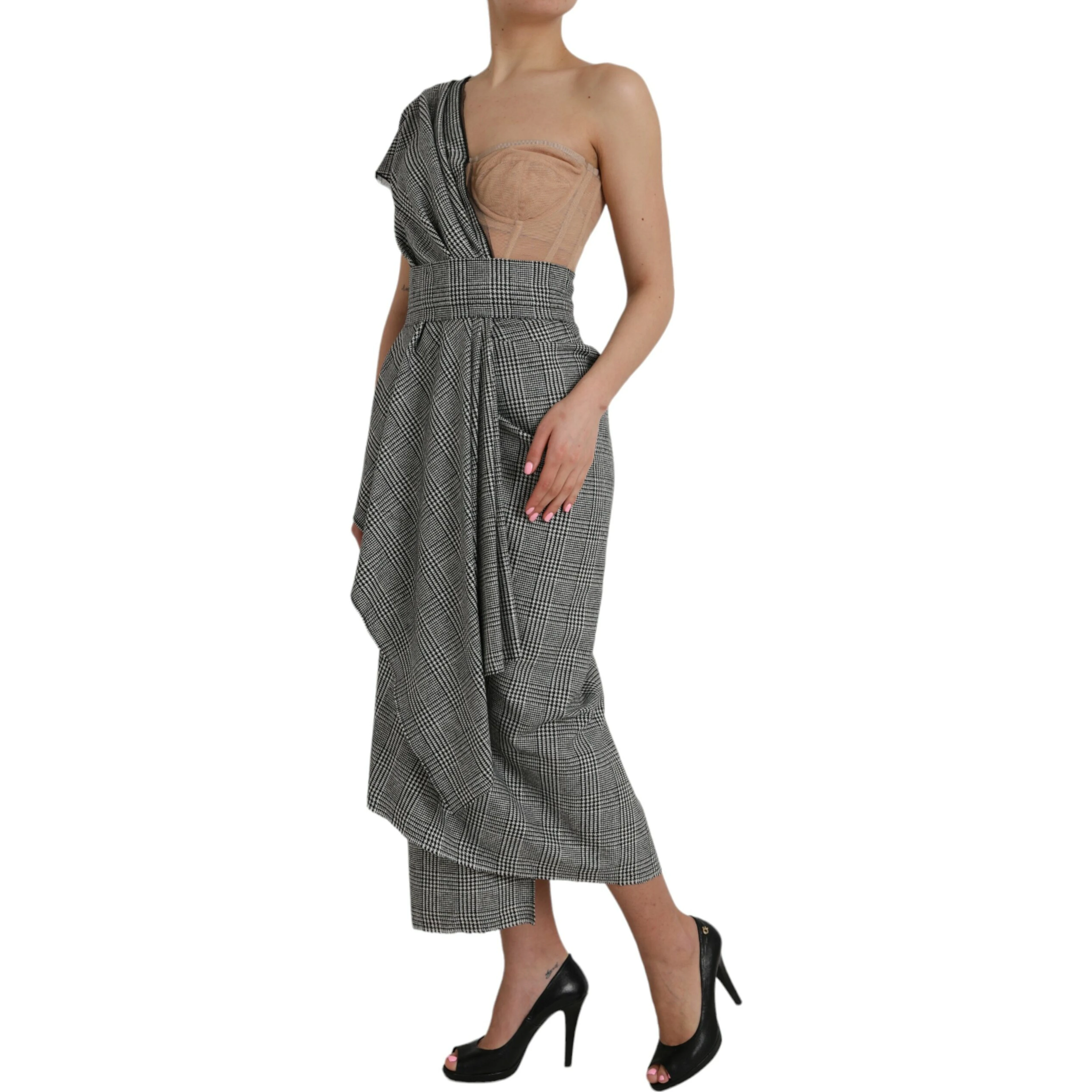 Gray Beige Layered One Shoulder Maxi Dress