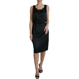 Black Polyester Lace Trim Sheath Midi Dress