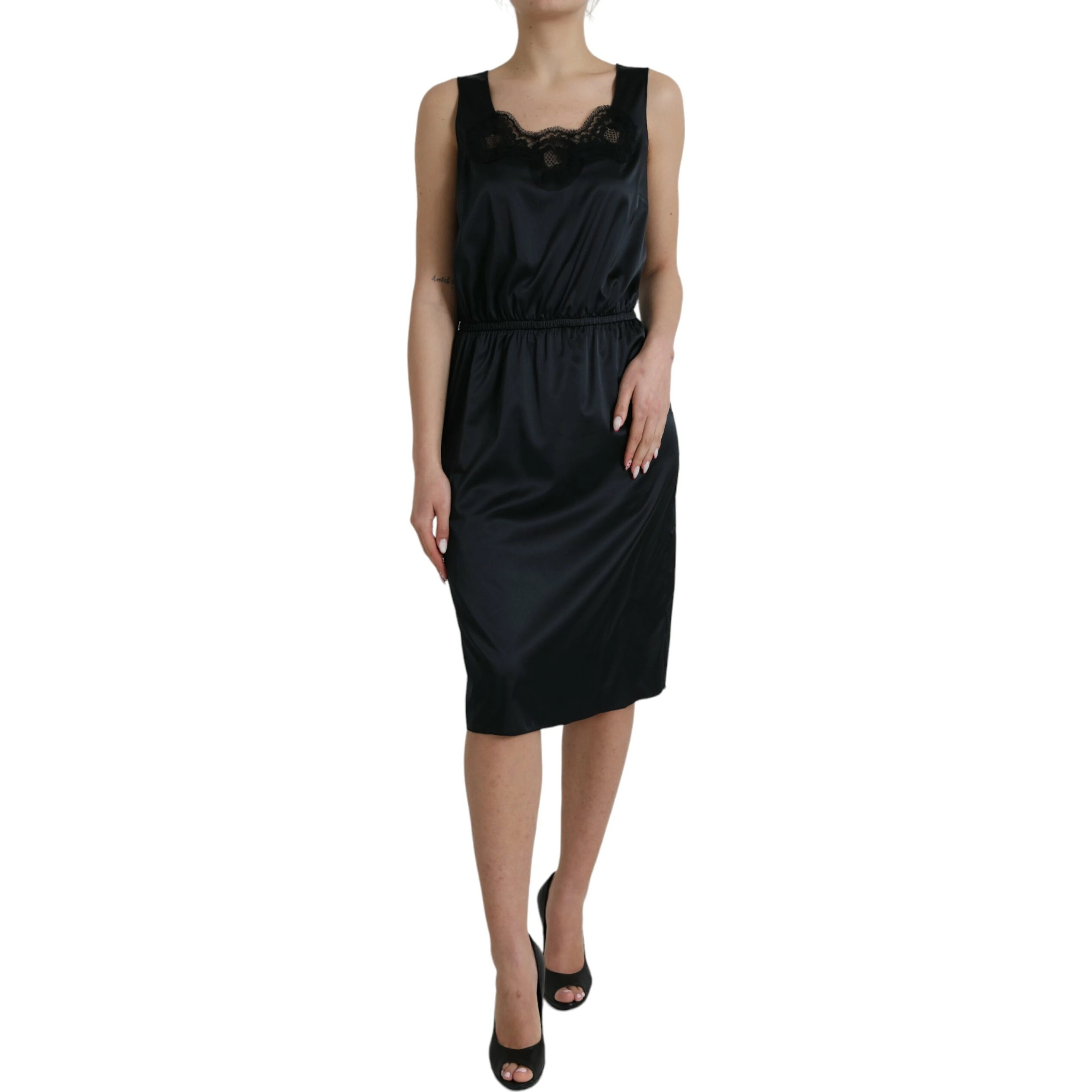 Black Polyester Lace Trim Sheath Midi Dress