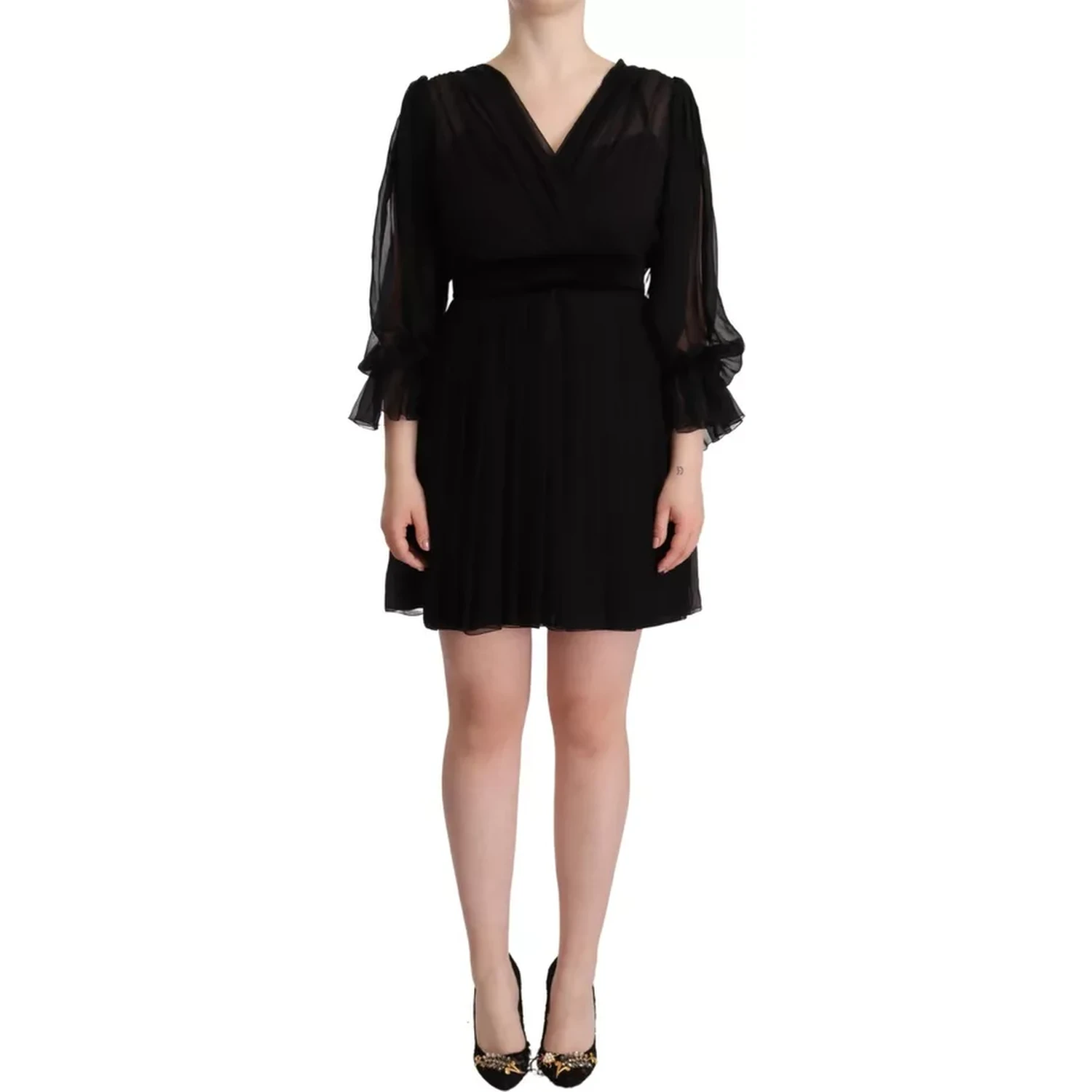 Black V-neck Long Sleeves Mini A-line Dress