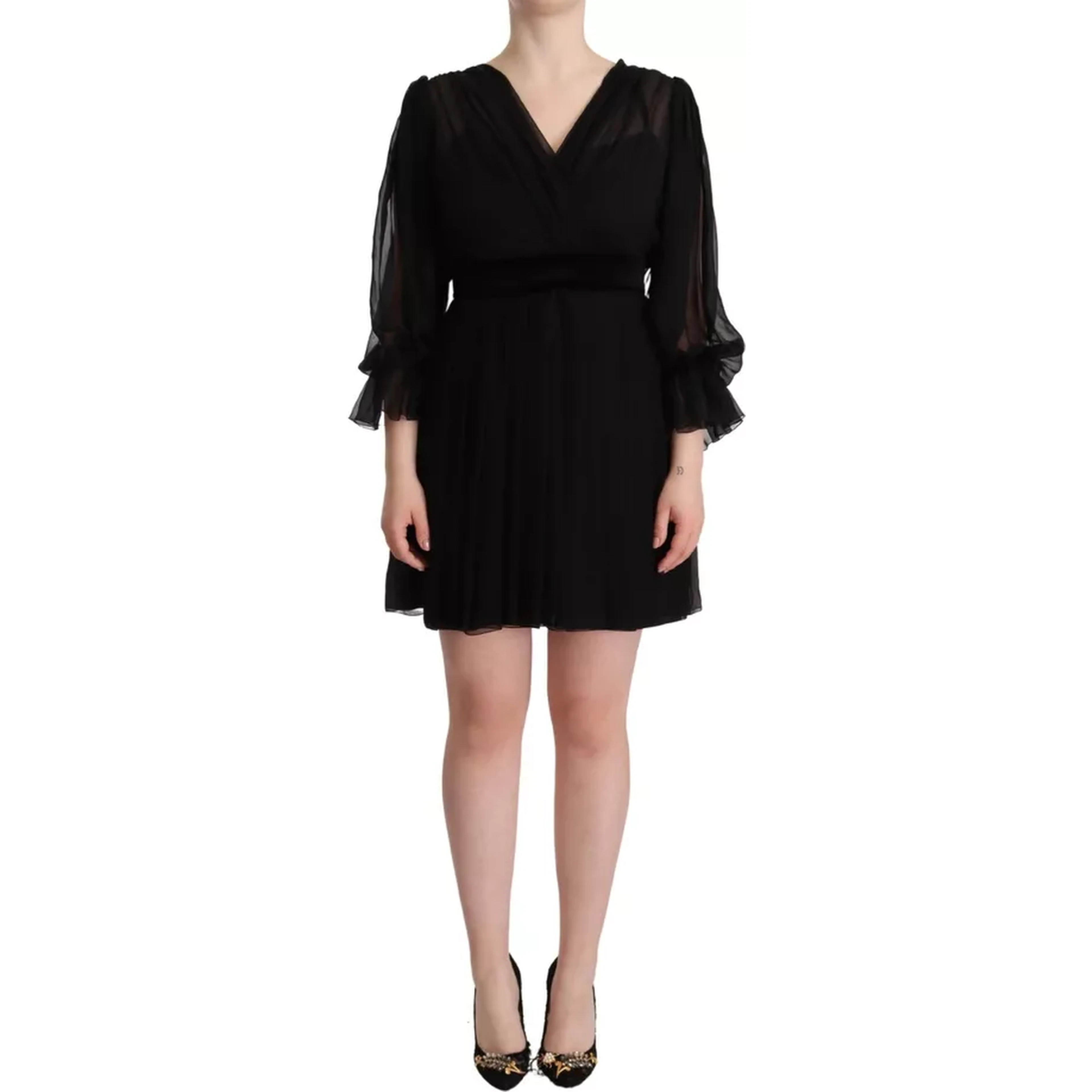 Black V-neck Long Sleeves Mini A-line Dress