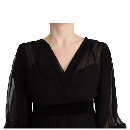 Black V-neck Long Sleeves Mini A-line Dress