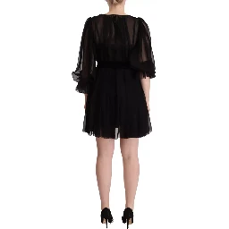 Black V-neck Long Sleeves Mini A-line Dress