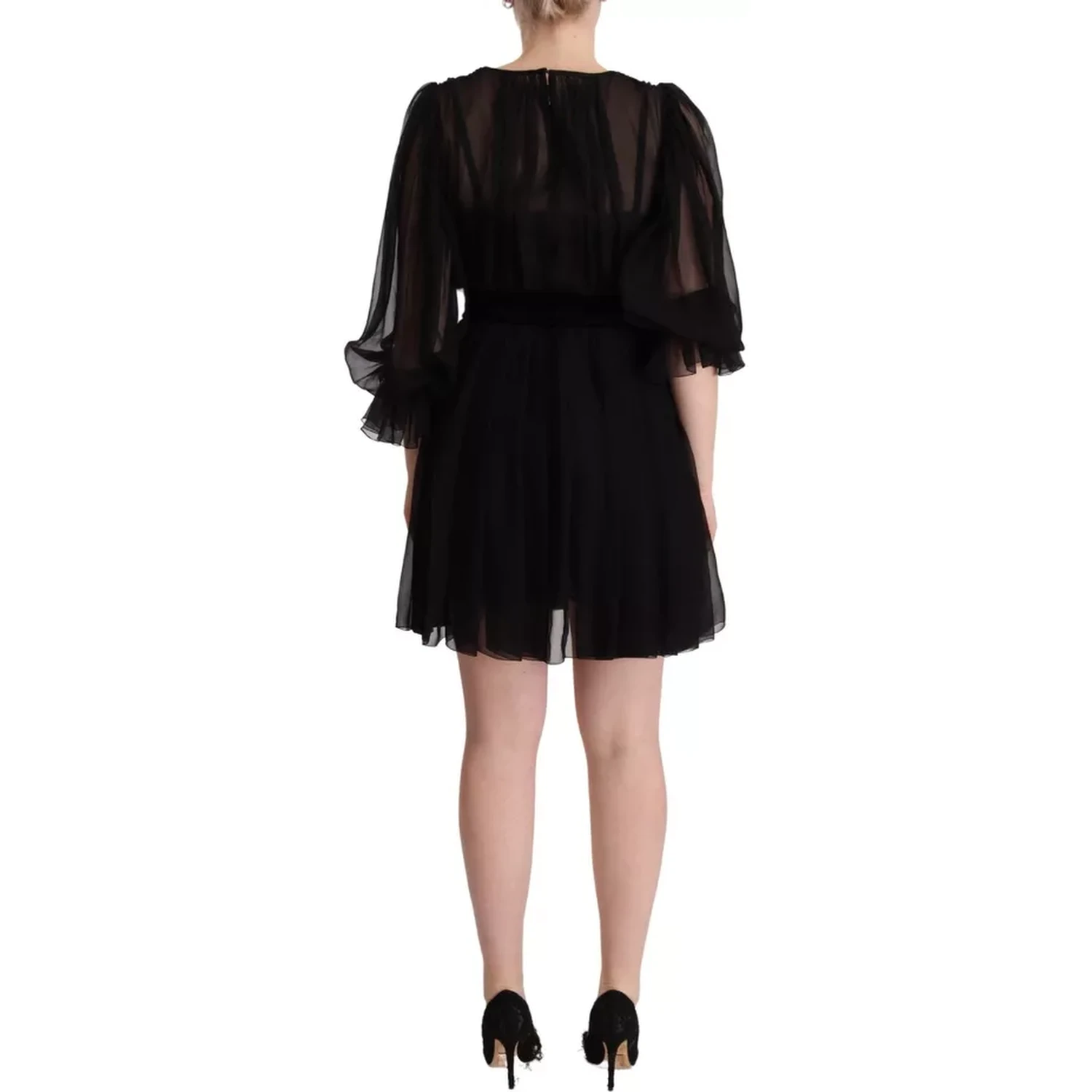 Black V-neck Long Sleeves Mini A-line Dress