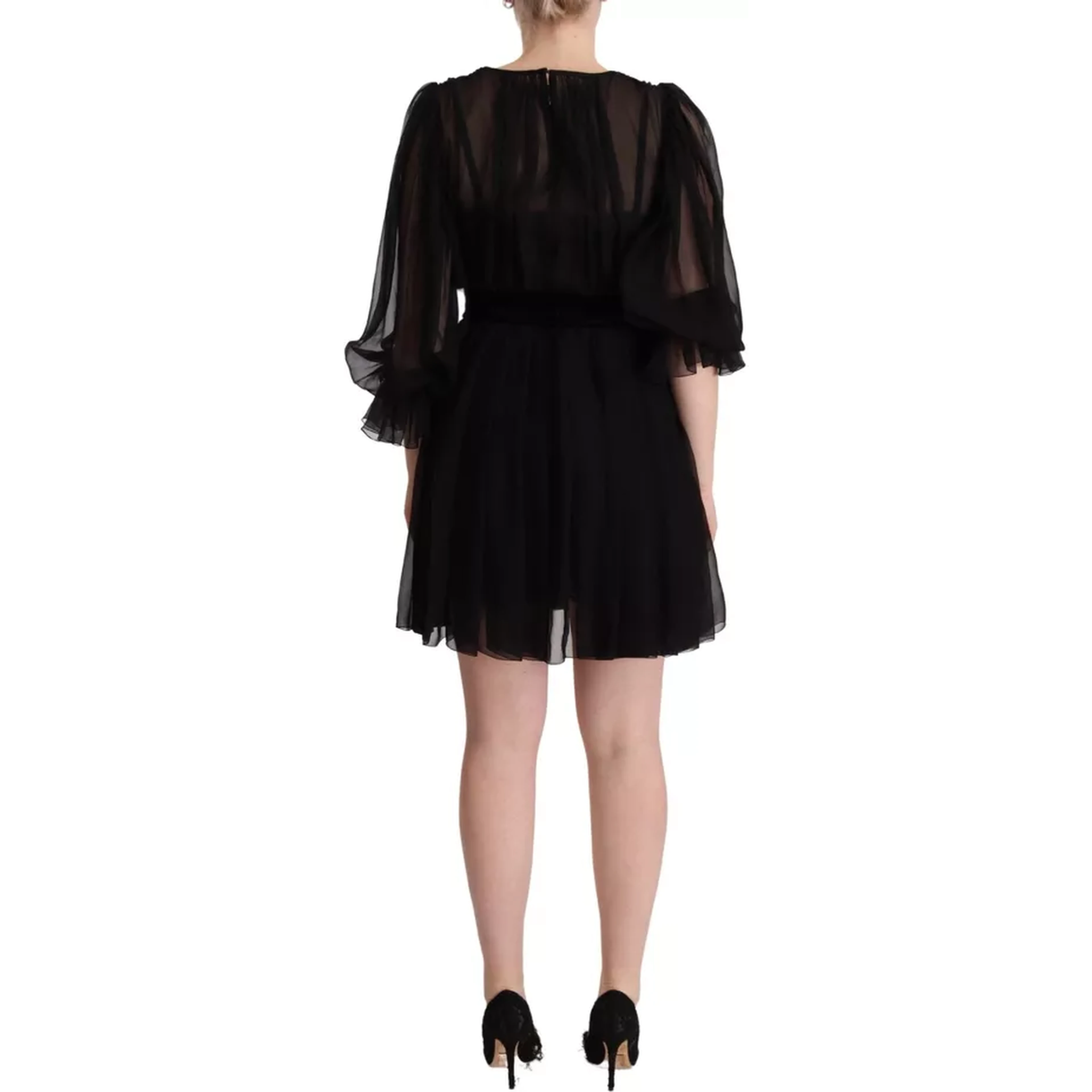Black V-neck Long Sleeves Mini A-line Dress