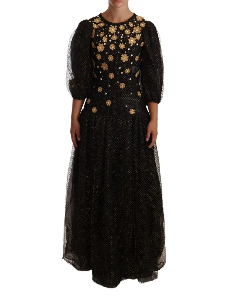 Black Crystal Floral Maxi Ball Gown Dress