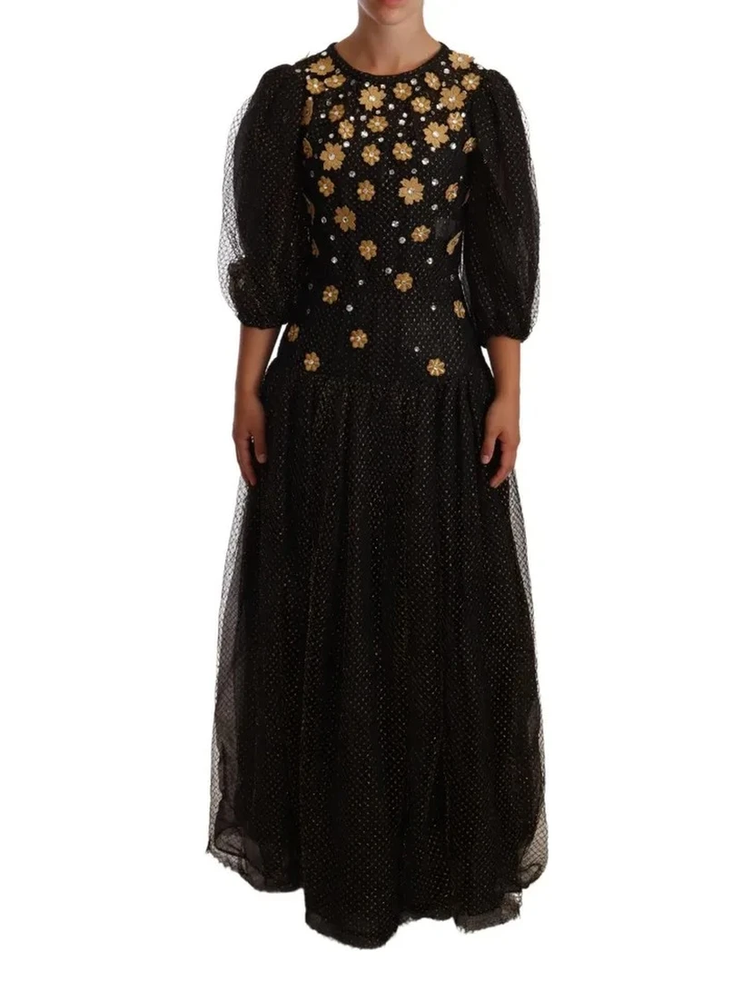 Black Crystal Floral Maxi Ball Gown Dress