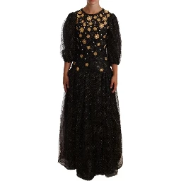 Black Crystal Floral Maxi Ball Gown Dress