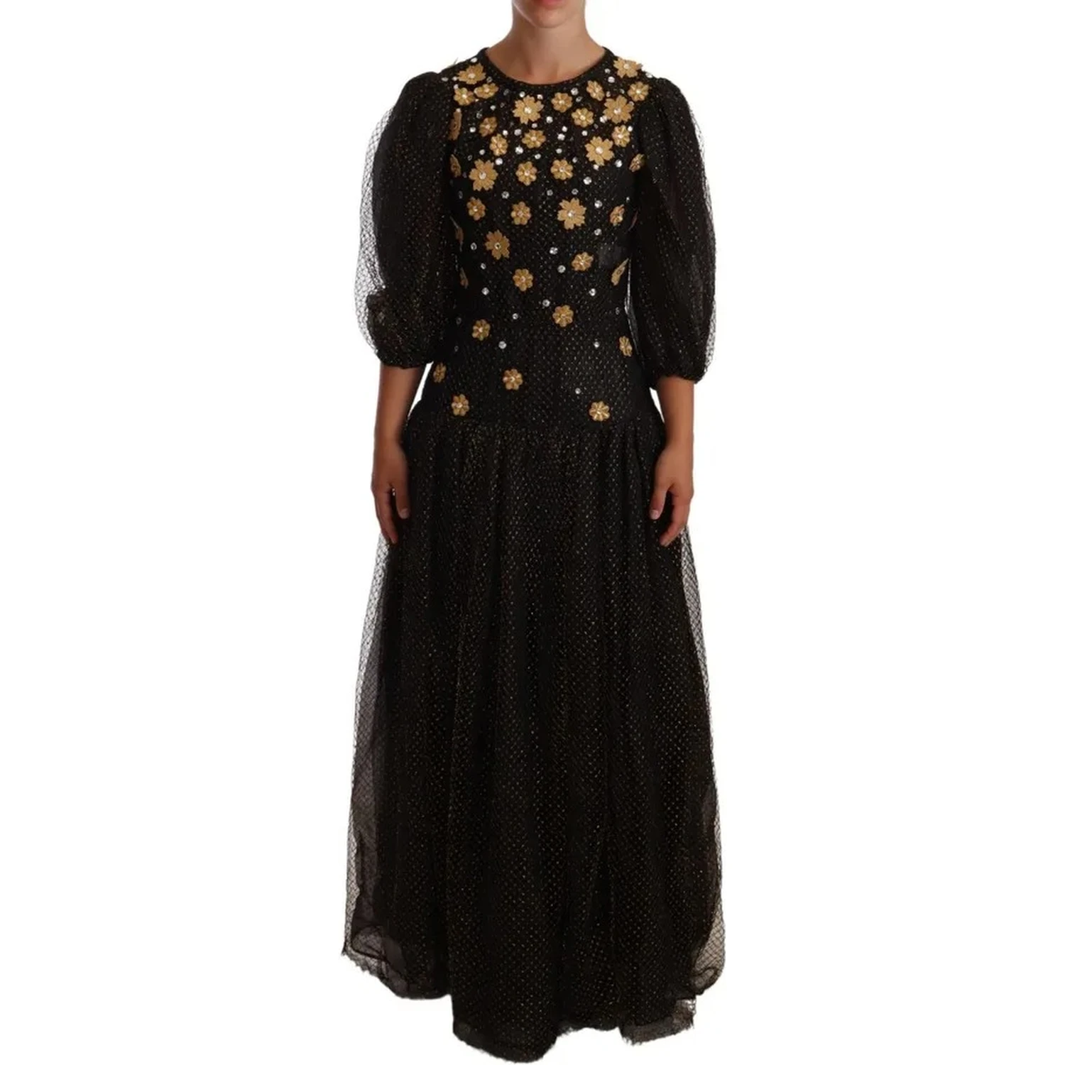 Black Crystal Floral Maxi Ball Gown Dress
