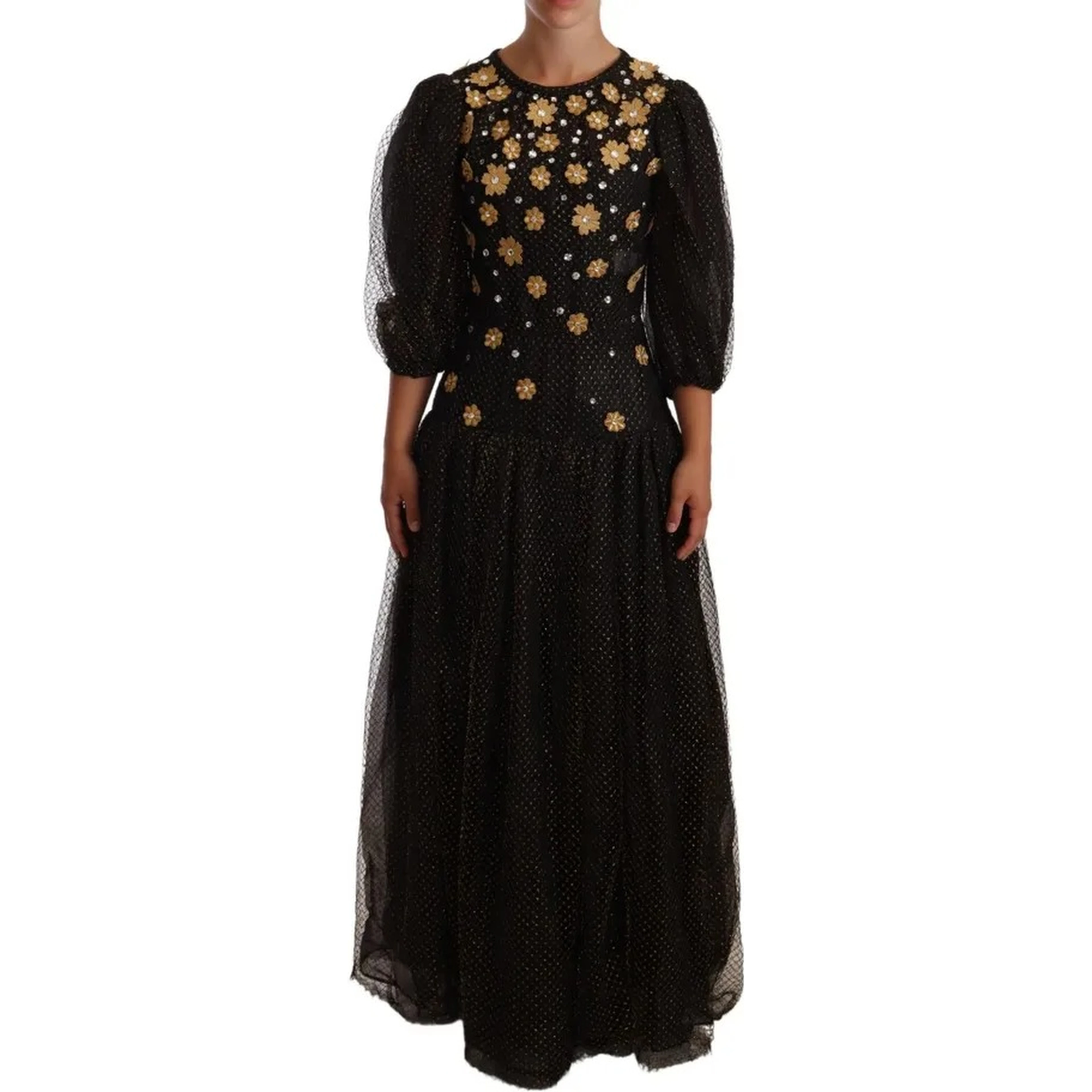 Black Crystal Floral Maxi Ball Gown Dress