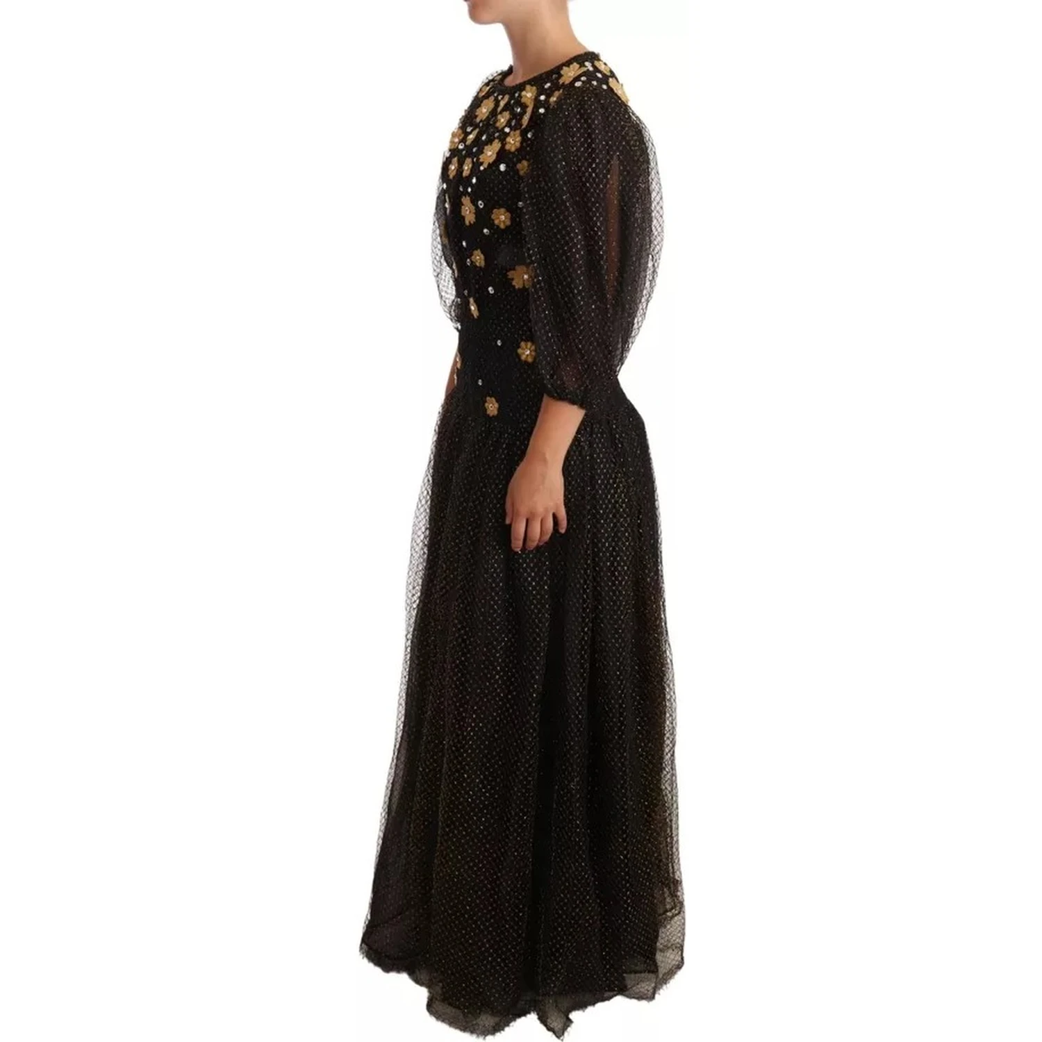Black Crystal Floral Maxi Ball Gown Dress