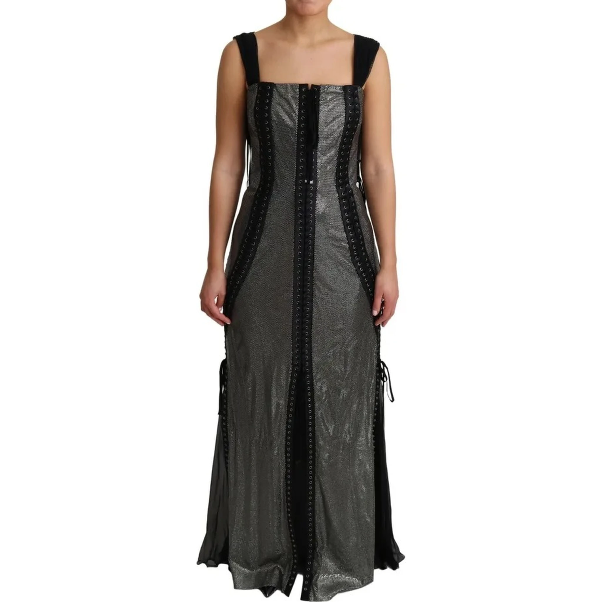 Black Crystals Lace Up Runway Gown Dress