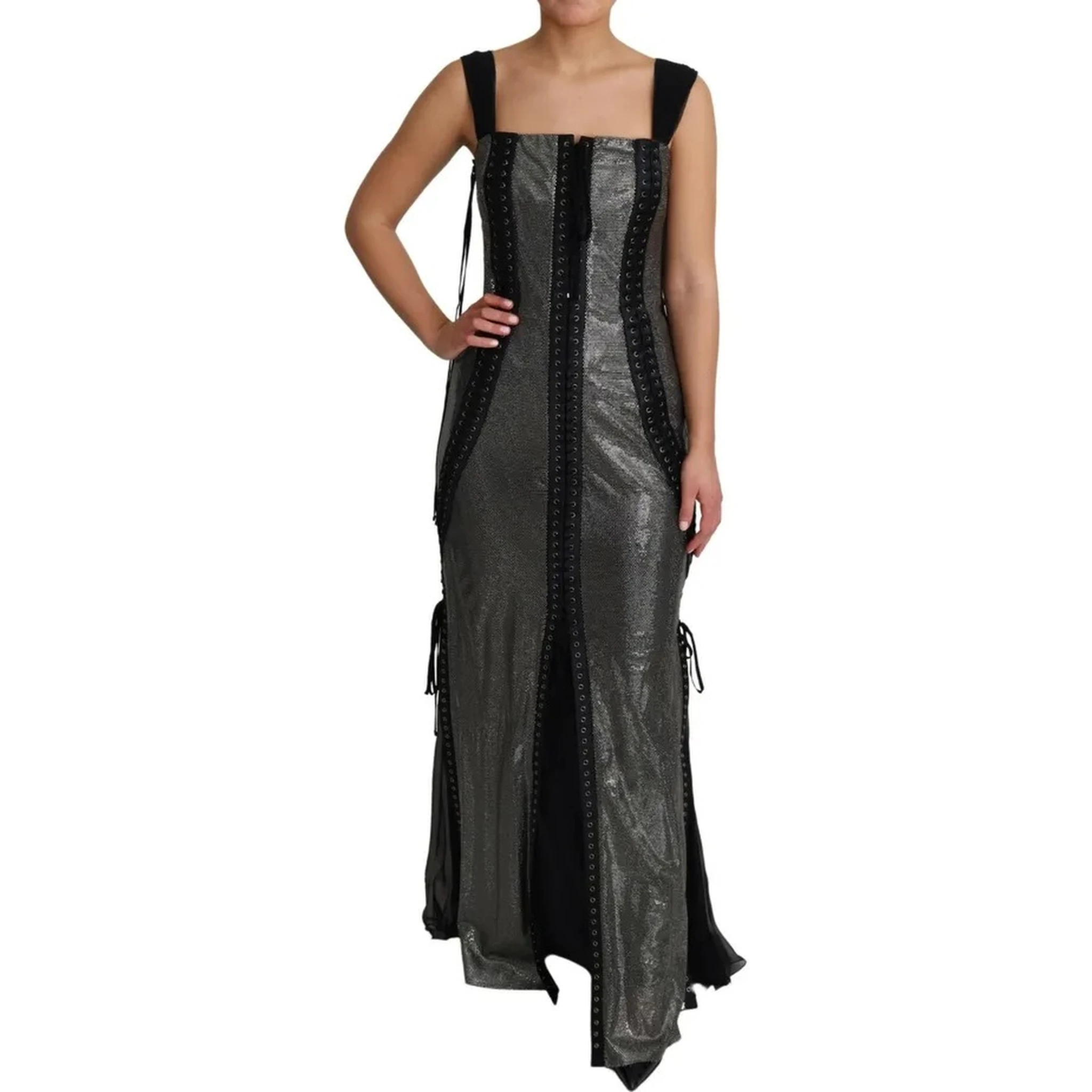 Black Crystals Lace Up Runway Gown Dress