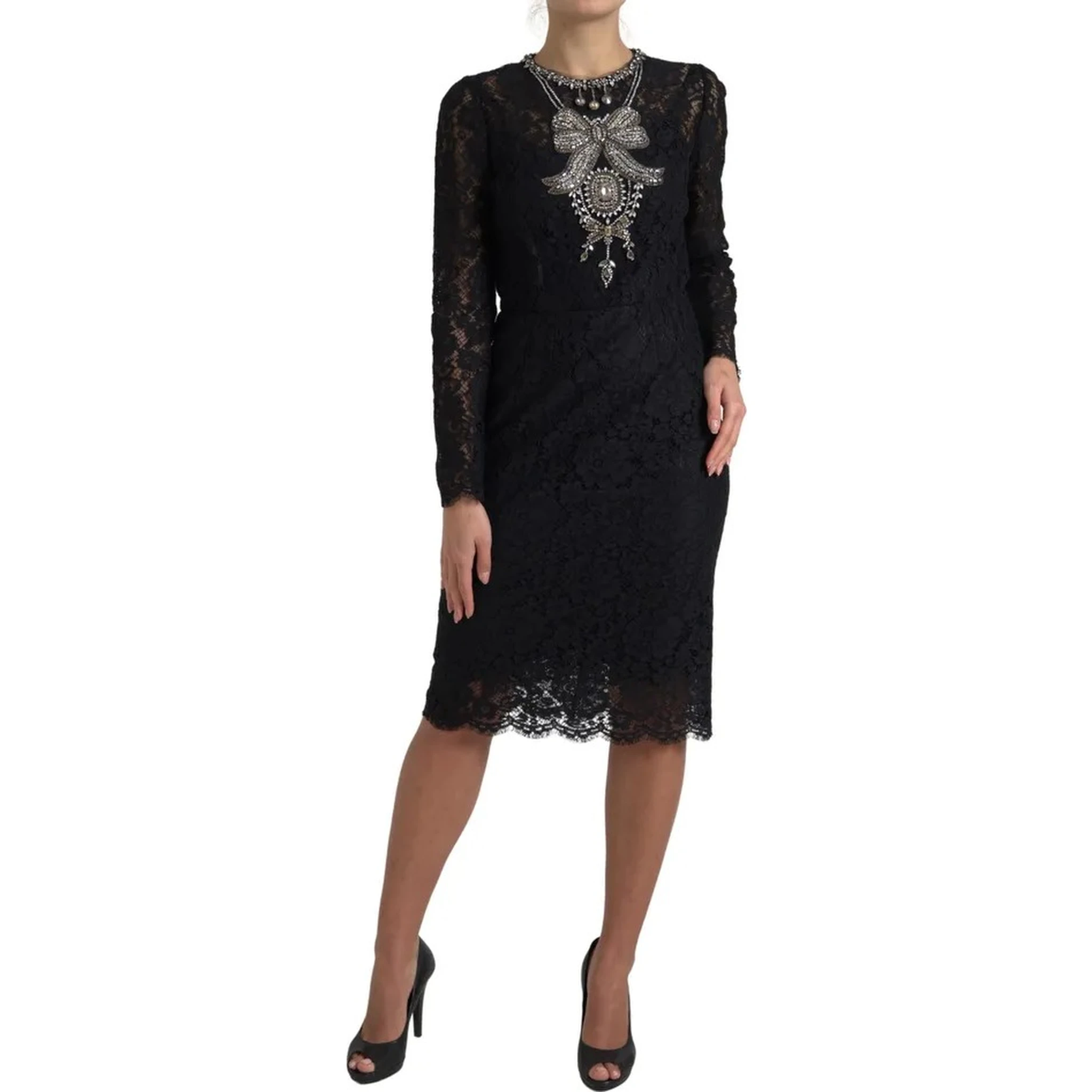Black Nylon Lace Embellished Sheath Dress