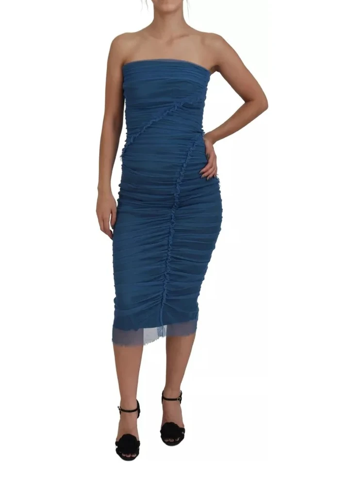 Blue Mesh Trim Ruched Tulle Sheath Dress