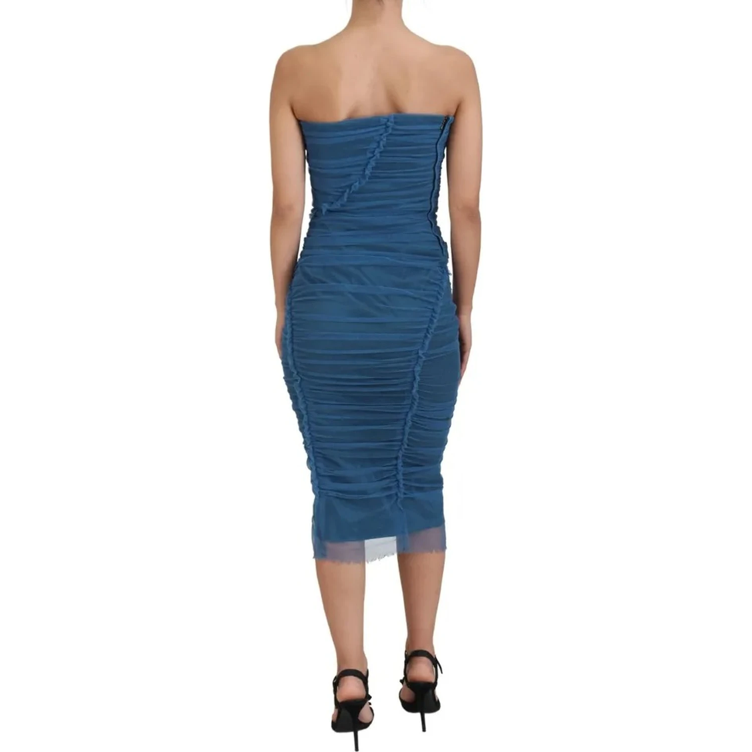 Blue Mesh Trim Ruched Tulle Sheath Dress
