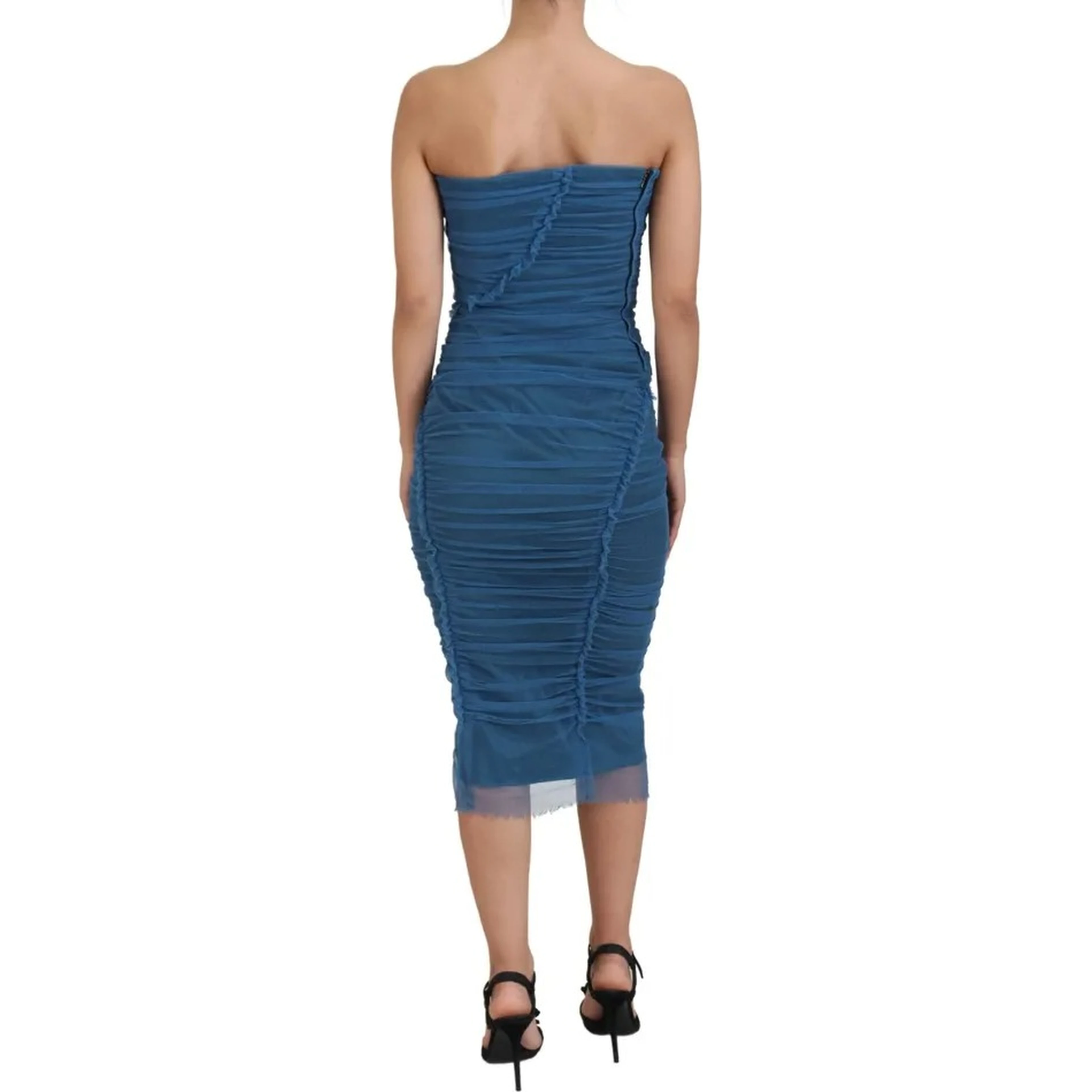 Blue Mesh Trim Ruched Tulle Sheath Dress